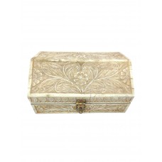 Antique Handcrafted Trinket Box Natural Camel Bone Chips on Wood Hand Engraved